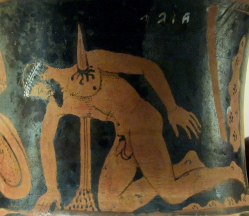 The suicide of Telamonian Ajax.  Detail of an Etruscan red-figure calyx-krater, artist unknown; ca. 