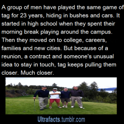 ultrafacts:  Mr. Dennehy and nine of his friends have spent the past 23 years locked in a game of “Tag.“ The game they play is fundamentally the same as the schoolyard version: One player is “It” until he tags someone else. But men in their 40s