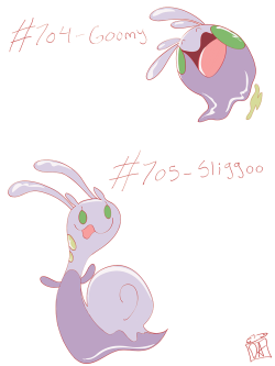 themegalotad:  Goomy, Sliggoo, and Goodra for the dex challenge! Be sure to check back the rest of this week for more Pokemon for my X and Y Dex Challenge!