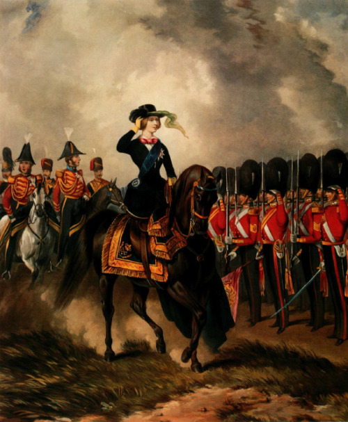 A young Queen Victoria inspects the 1st regiment of the Grenadier Guards circa 1851