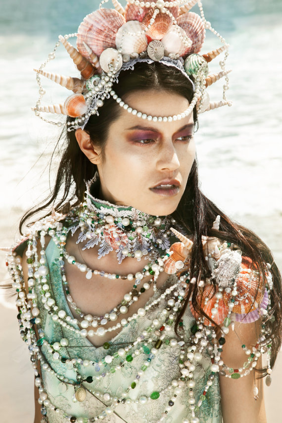 merpunkfashion:Siren’s Treasure - OOAK Vintage Shell, Pearl, Lace, Crystal, Sea