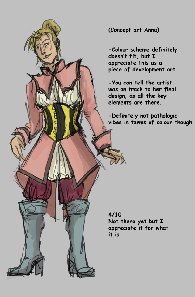 Drawing of Anna from pathologic concept art, alongside text (transcribed below image)