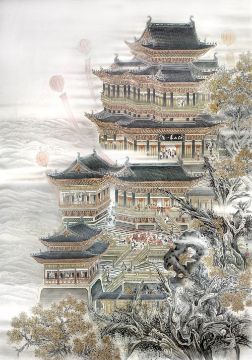 mingsonjia: 黎墨 - 界画楼阁 (阅江楼、黄鹤楼、滕王阁) Gongbi paintings of Chinese architectures [Yuejiang Lou, Huanghe