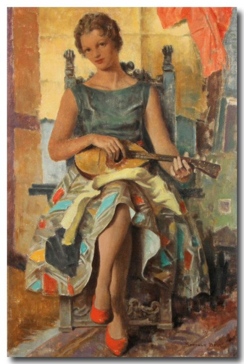 music-in-art: Bela Kontuly (1904-1983) - Femme jouant de la Mandoline, vers 1950, huile sur toi