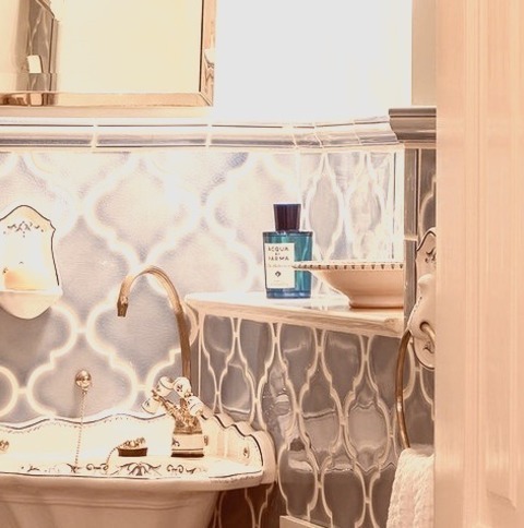Boston Victorian Powder RoomSmall Ornate Blue Tile And Ceramic Tile Powder Room Photo With White Walls