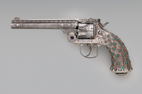A silver and semi-precious gem decorated Smith and Wesson No. 3 revolver.  Decoration work by Tiffan