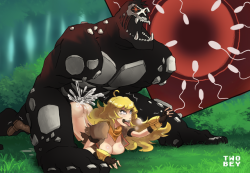 team-rwby-sluts-of-beacon:  “S-sssommmmeone heeeelppp” Yang cried out as the massive beast plowed into her unprotected sex, destroying her cunt. It was massive and it hurt so gooo- bad! It hurt so bad! Yang’s mind screamed at herself as she moaned