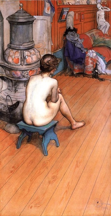 theblackcatzon: lilacsinthedooryard: Carl Larsson - Leontine Sitting In The Atelier Warming by the f