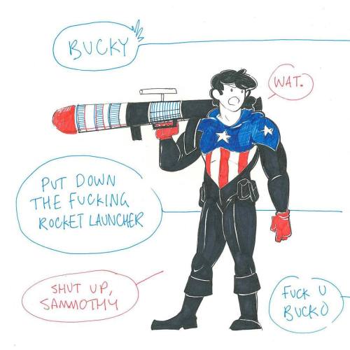 whostheblondegirl:yawpkatsi:Cap!Bucky: A Summary #buckybarnes #captainamerica #heisawalkingdisaster 