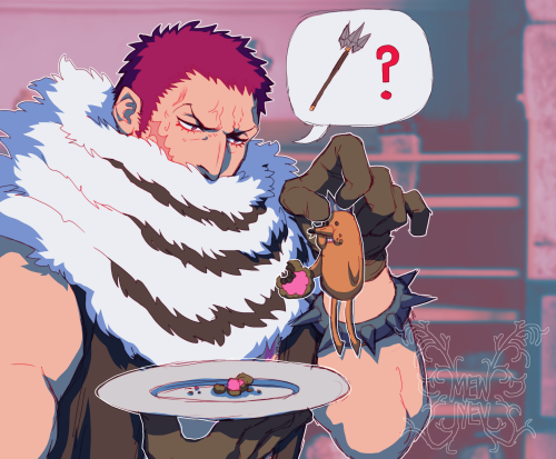 Artwork of Charlotte Katakuri using his pointer and thumb to hold a tiny mole with a three prong silver crown, who is an anthromorphized version of his spear, Mogura. The mole is eating donuts off Katakuri's plate and Katakuri is looking confused and annoyed down at it, with a speech bubble asking "Mogura?"