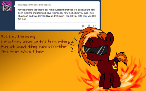 taboopony:  Scuttlebug: hehe see i did a thing!(ok just want to nip this one in the bud and say scutlebug doesnt understand your suppose to be the same person. I mean you do have a different mark and name… so yeah not hard for him to mistake. especially