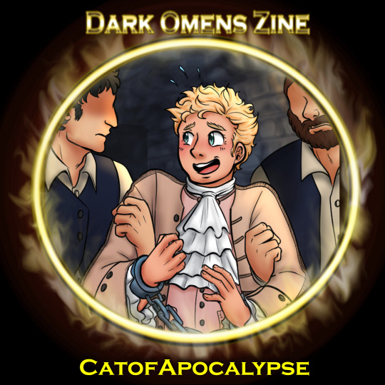 Art showing a nervous Aziraphale with chains around his wrists and two men holding his arms.