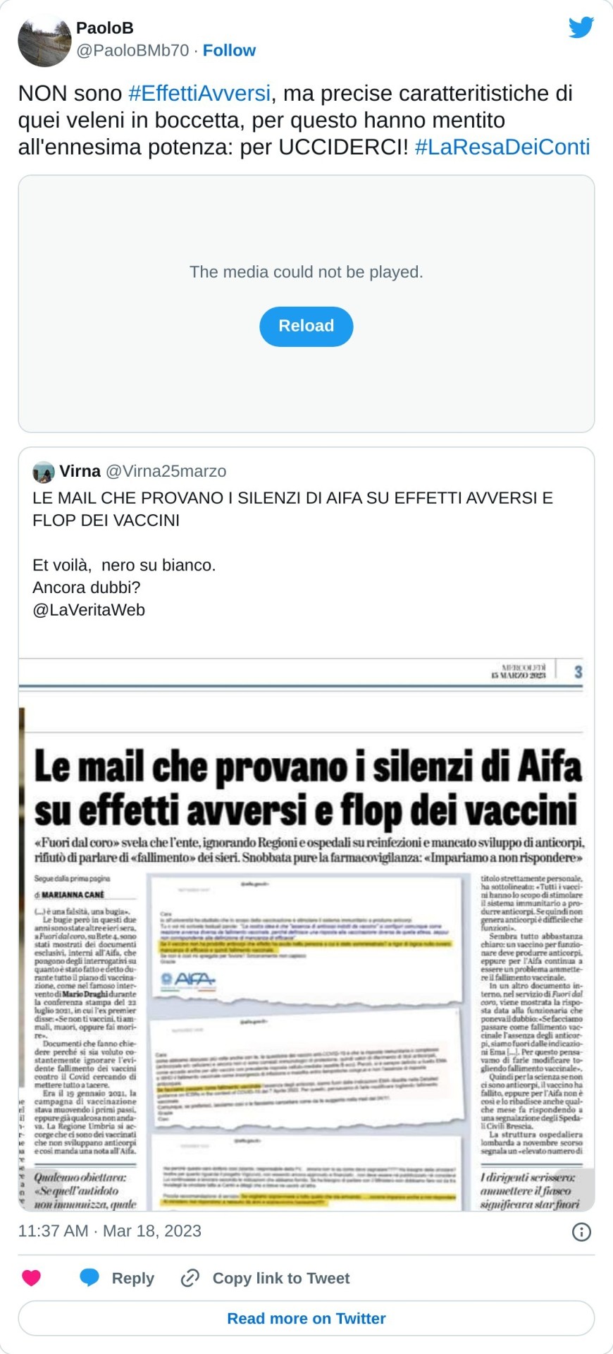 NON sono #EffettiAvversi, ma precise caratteritistiche di quei veleni in boccetta, per questo hanno mentito all'ennesima potenza: per UCCIDERCI! #LaResaDeiConti https://t.co/7qRzkcHYGr pic.twitter.com/2Oj0zvaxOU  — PaoloB (@PaoloBMb70) March 18, 2023