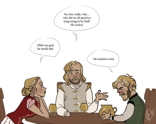 eeba-ism:I would really like the Lannister siblings to all get drunk and forgive each other and have