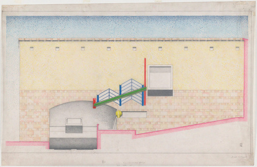 James Stirling, drawings of the Staatsgalerie Stuttgart, 1978. Germany. Graphite and color pencil on