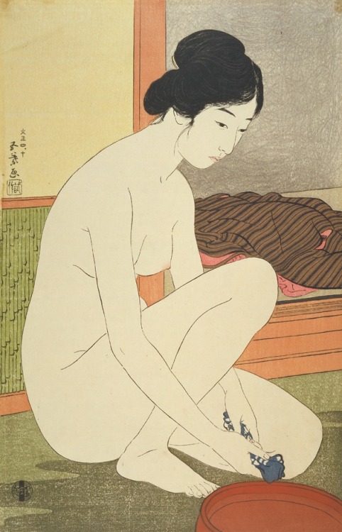 arsvitaest:Nude woman with towel and basinAuthor: Goyō Hashiguchi (Japanese, 1881-1921)Date: 1915Me