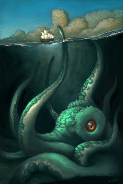 2headedsnake:  Robert Copu Unhappy day  The only mythical creature I outright fear. The Kraken.