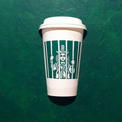 beben-eleben:  Seoul-based illustrator Soo Min Kim has made a habit of turning the iconic mermaid on Starbucks’ paper coffee cups into both fantastic and mundane characters. Kim, who uses both markers and paint, clearly has a lively and healthy imaginatio