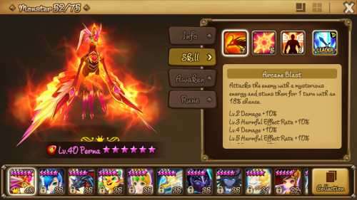 summonerswarblog: MONSTER REVIEWS Perna, the Fire Phoenix(*bad Russian accent* In Summoners War, chicken fries you.) My Monster?: Yes (ctrl-click this linky link) Naturally: 5-star Type: HP Farmable?: No First Skill: Arcane Blast-  Attacks the enemy
