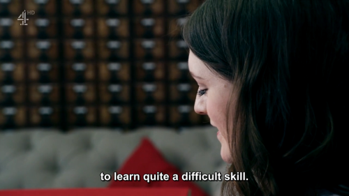 [ID: Four screencaps from Taskmaster. Charlotte Ritchie sits at a table in a living room, attempting