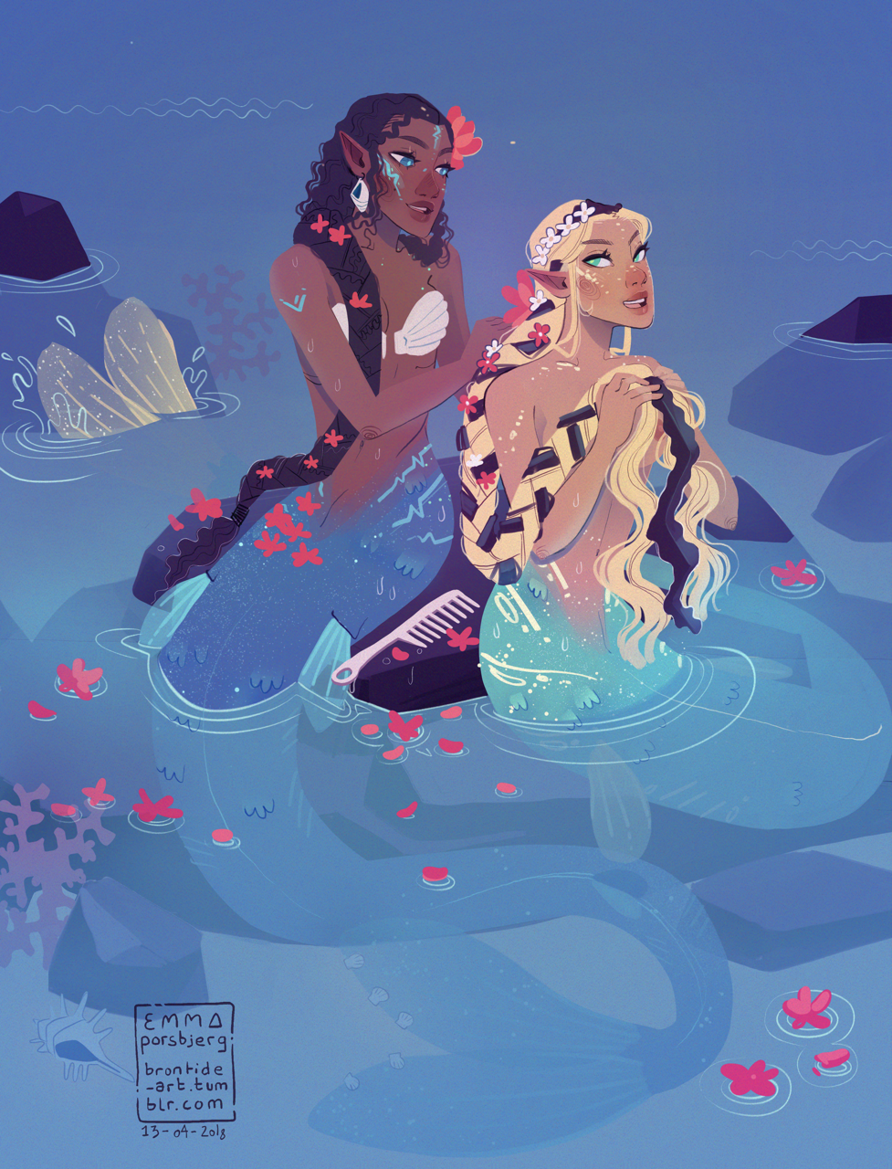 brontide-art: Mermaid gal pals doing each other’s hair 💕🐚 I hit 1300 followers