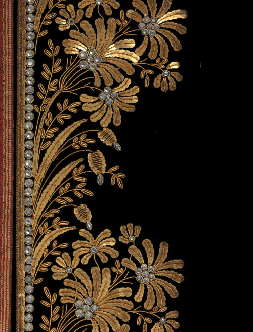 desimonewayland:  Five Embroidery samples for a men’s suits, French ca. 1800-15 Silk embroidery + metal thread, sequins and glass on silk velvet Images via: The Metropolitan Museum of Art 