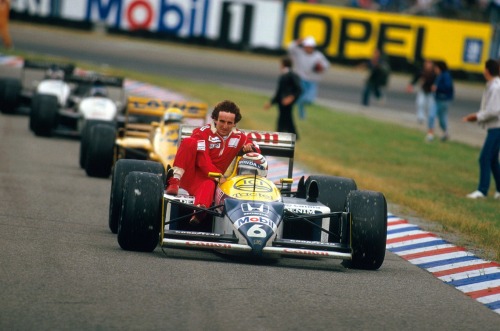 legendsofracing - Nelson Piquet giving Alain Prost a lift,...