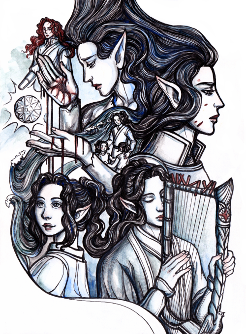foxleycrow:Maglor: portrait medley. Featuring special guests Maedhros, Elrond, and Elros. Ink &amp; 