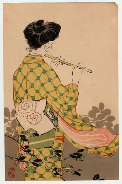 huariqueje:   Woman Playing the Flute from Jogaku sekai -    Mizuno Hidekata    Japanese Late Meiji era   Japanese  1875-1944 