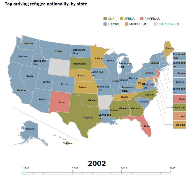 mapsontheweb:Top arriving refugee nationality, by US state, 2002-2017.