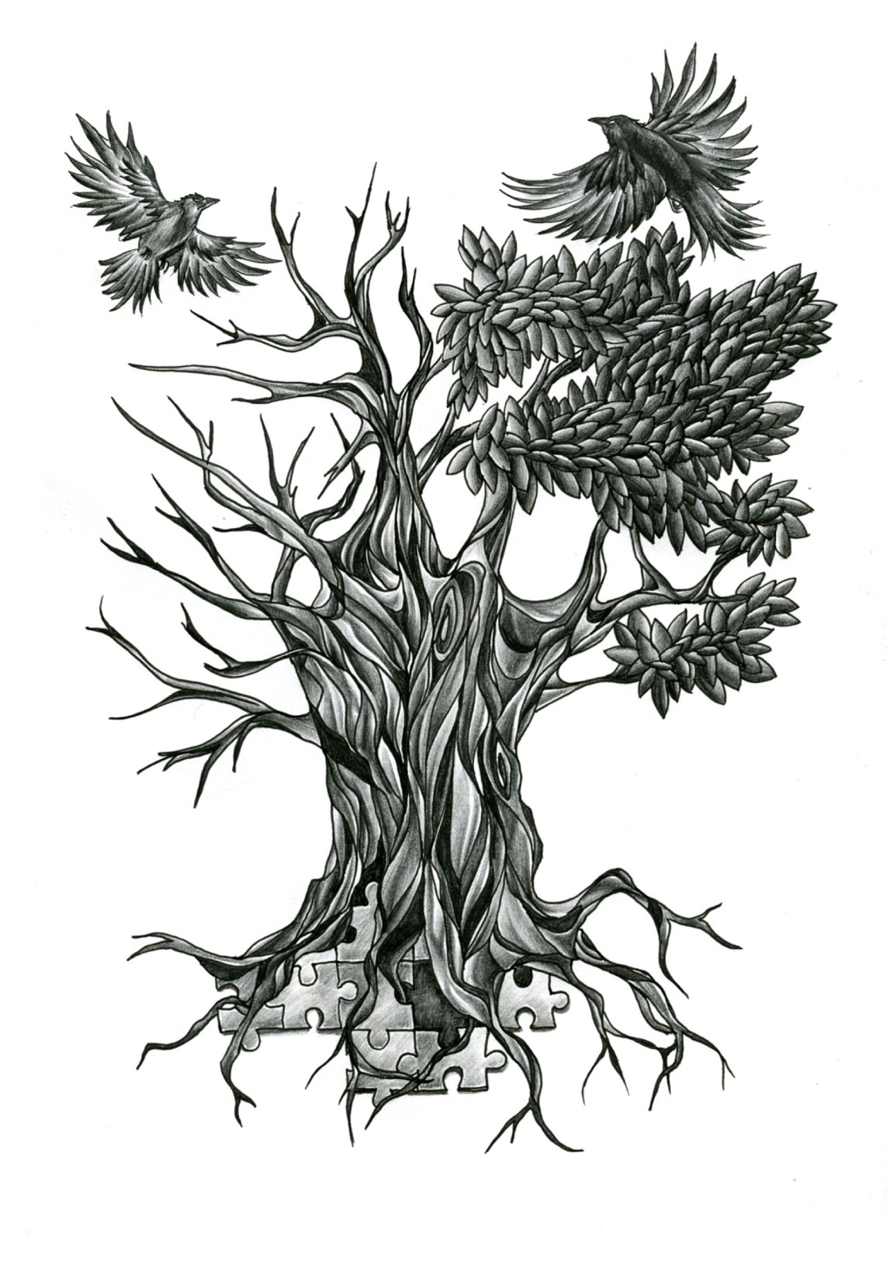 Half Dead Half Alive Tree Shoulder Tattoo At Swish And Flick