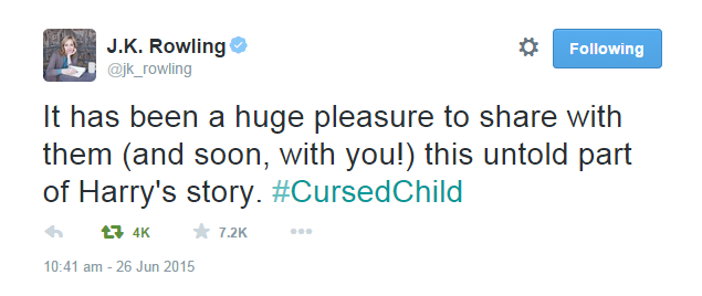 hoka-inumuta:  J.K. Rowling announced “Harry Potter and The Cursed Child” !Today,