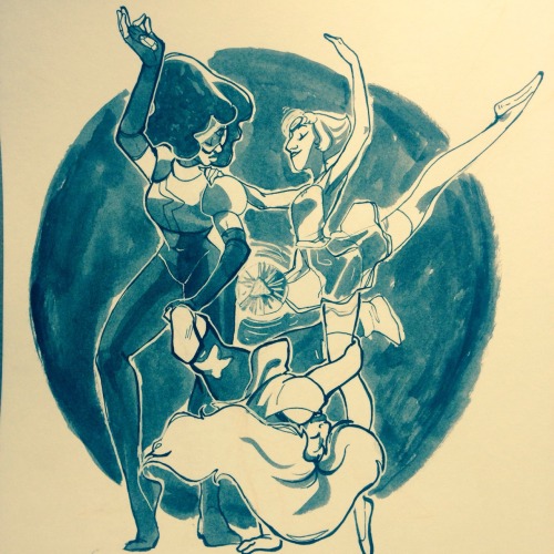 siameserabbitart:  Inktober #29 I wanted to do a picture like this back when we first learned about Opal, funnily enough, but i had no idea what style Garnet danced.  Many weeks later that question is still more or less unanswered.  slbtumblng their tri