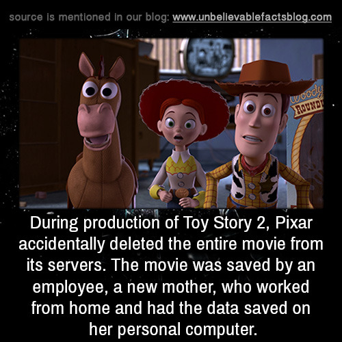 unbelievable-facts:  During production of Toy Story 2, Pixar accidentally deleted