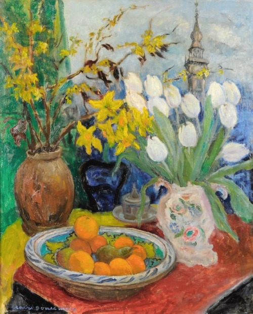 Claire Bonebakker (1904-1979)‘Stilleven met bloemen en vruchten’, gesigneerd, doek, afm. 82 x 65 cm.