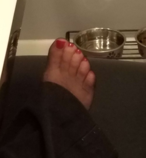 Wife’s sexy foot in sheer black pantyhose