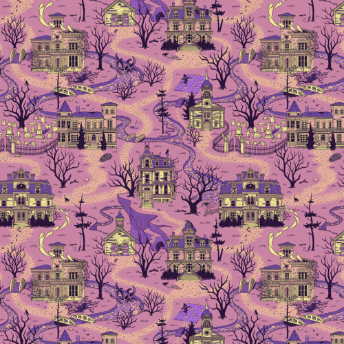 Haunted Village fabric and wallpaper now available on Spoonflower.  Features seven historic Maine bu