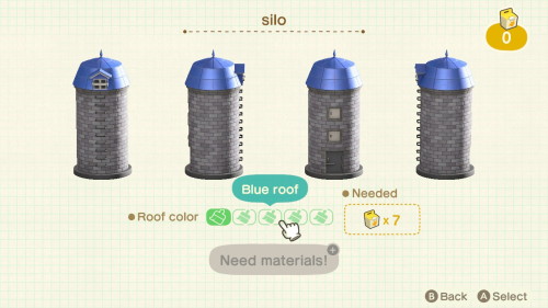 Item: silo# of customizations: 5Customization names: red roof, green roof, blue roof, black roof, aq