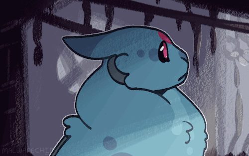 a gif of a slugcat design for moon.
she's in outskirts, and the background is painted while she's drawn with a pixelated brush. there's an overlay of shadow (and lighting) over her, and the background has a couple of bugs that jump around occasionally.
she's looking to the right, when she suddenly flicks her ear and looks surprised. she then turns towards the camera and smiles, blinking twice.
the gif is not a smooth loop.