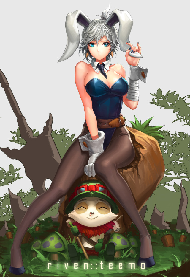 Source #LoL #League of Legends #Riven#bunny riven#boobs#cleavage#sexy#bunny girl#fan art#game art#teemo#hot#curves#legs #hand between legs