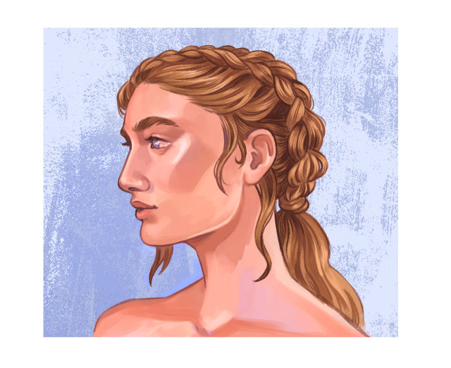 A digital painted portrait of Kettricken from Royal Assassin. She has pale skin, light blue eyes and blonde hair which is tied back in two braids that meet in a ponytail at the back of her head. She is looking off to the left against a blue background.
