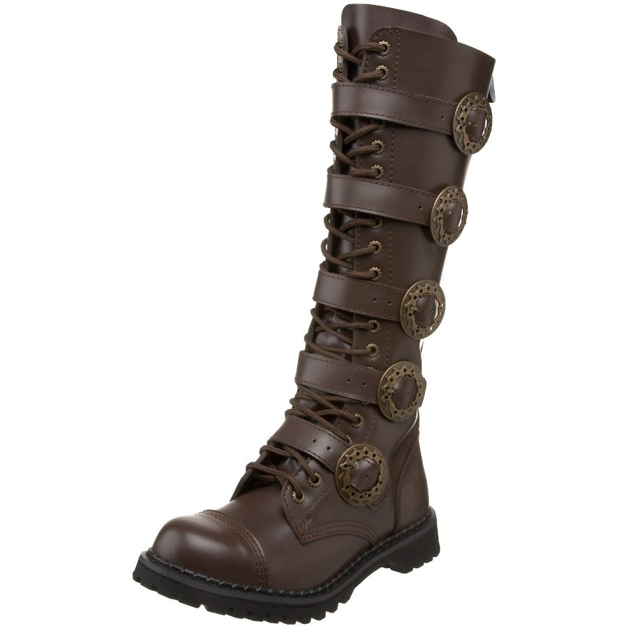 steamxlove:  9 Button Leather Boots Beige/Black Boots Dark Brown Buckle Boots Thigh