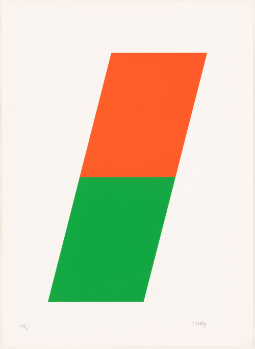 ellsworth-kelly:Orange Green from Series of Ten Lithographs, Ellsworth Kelly, 1970, MoMA: Drawings and PrintsGift of Connie and Jack Glenn and Pinky and Arthur KaseSize: composition (irreg.): 30 × 17 5/8" (76.2 × 44.7 cm); sheet: 41 ½ × 30 1/8" (105.4 × 76.5 cm)Medium: One from a series of ten lithographs http://www.moma.org/collection/works/67206
