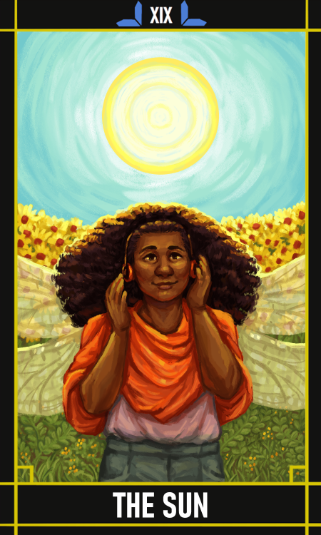 XIX - The Sun (Oleta) by @sadgician​ (petenureyev)[id: a tarot card depicting Oleta as ‘XIX - The Su