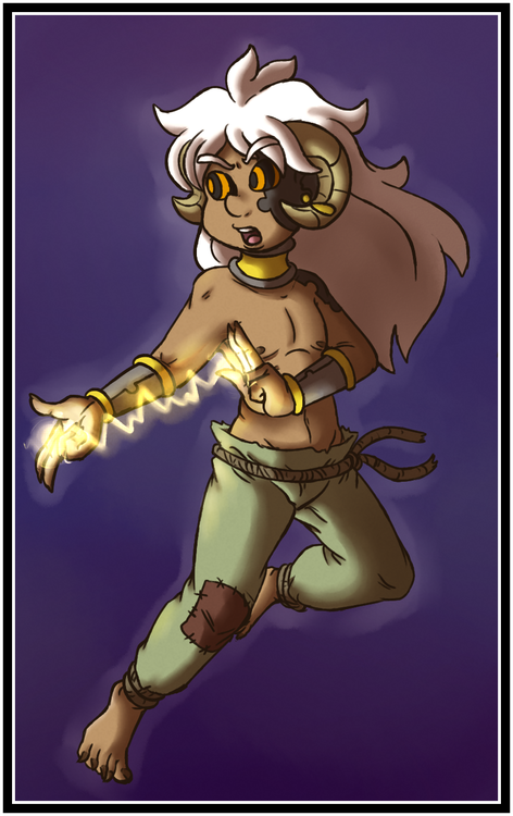 “Kalmia using a lightning spell I guess?I don’t really have an up to date colored drawing of Kalmia, so I did this over stream and blinded everyone with my poor coloring abilities. He’s kind of hard for me to draw because of his horns,