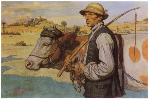 Schwälmer peasant with cow in front of the Schönberg/Röllshausen (1919) by Emil Beith