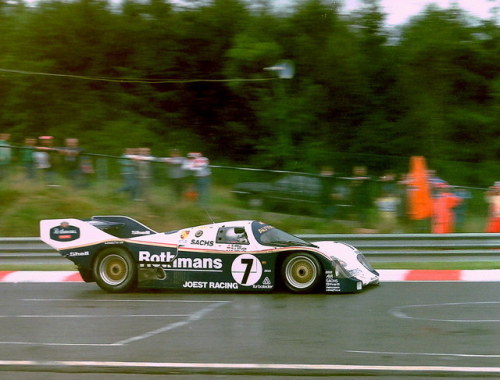 The Porsche 962 C of Derek Bell,  Hans-Joachim Stuck and Bob Wollek, running for fifth position in t