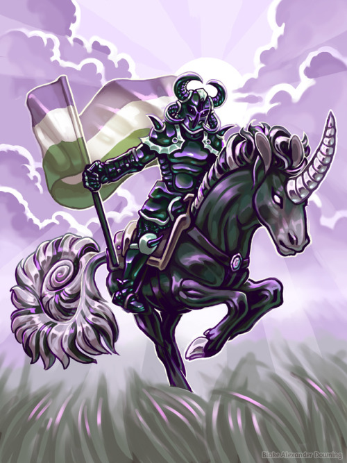 Some muted colors today, and a knight brandishing the genderqueer flag! This was one of the first on