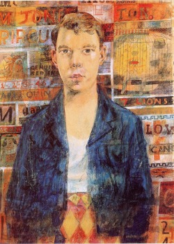 huariqueje:    Self portrait  in RAF Jacket   -    Sir Peter Blake,  1952-53   British,b.1932- Oil on board Private Collection 