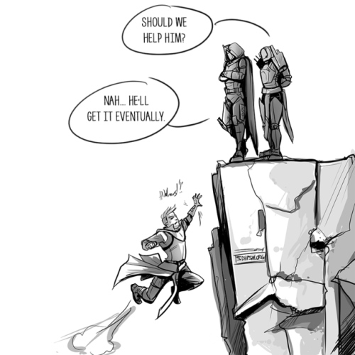 newbabyfly: My actual life as a warlock. Except my fireteam is nice enough to not toss me back off as soon as I actually make those stupid jumps. (Killy actually used to be a pretty goofy dude until he adopted these twerps.) 
